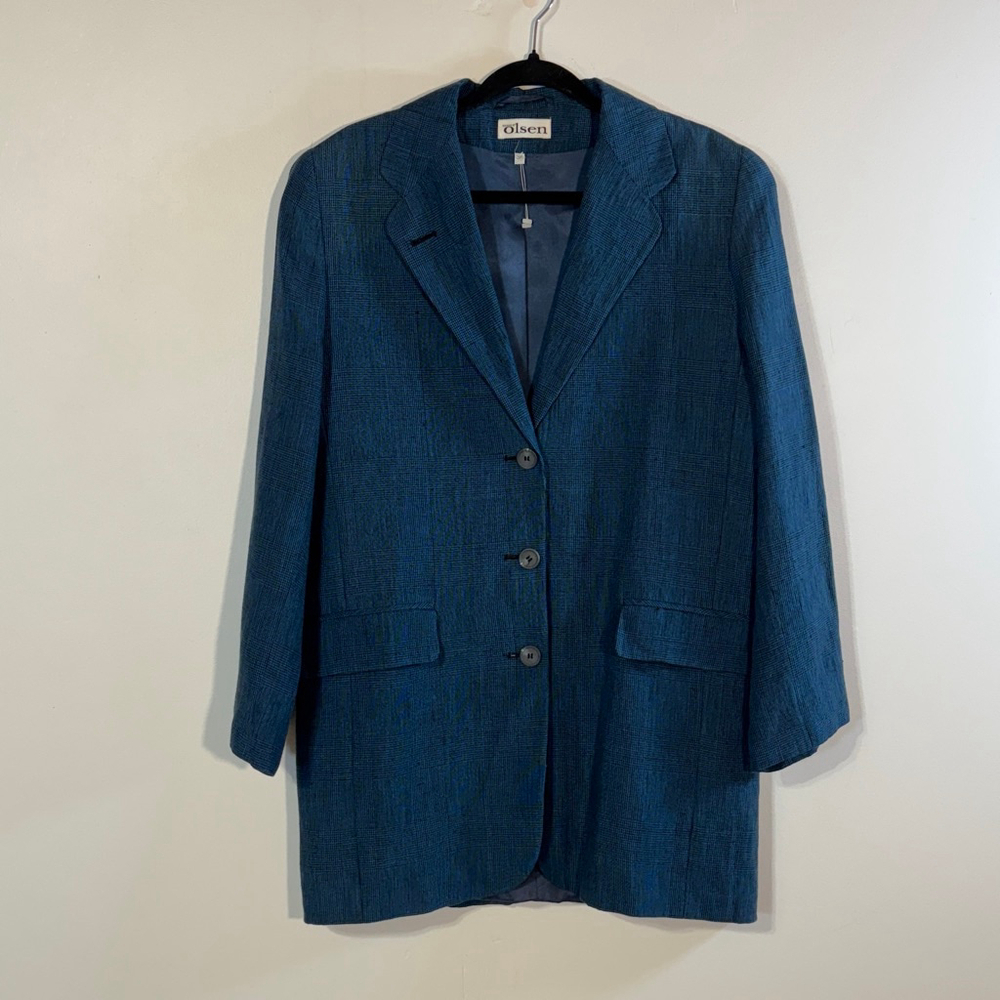 Olsen Blue Plaid Blazer Women’s Small Linen Pockets Long Three Buttons NWT
